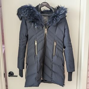 NICOLE BENISTI SOLDEN QUILTED DOWN COAT IN NAVY WITH BLUE FUR
